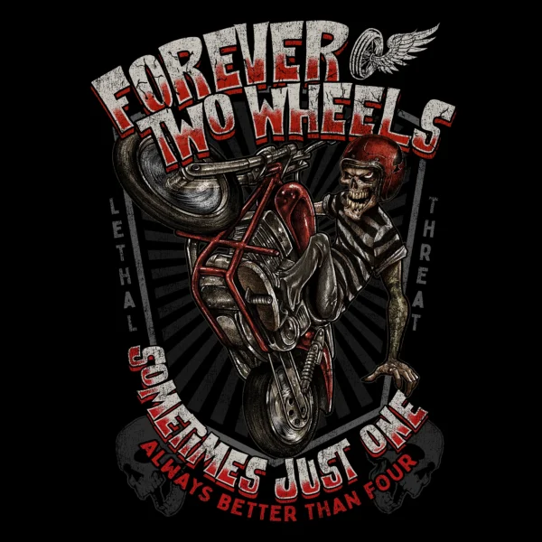 ⁦Lethal Threat Forever Two Wheels Harley Stunt Rider Black T-Shirt⁩ - الصورة ⁦3⁩