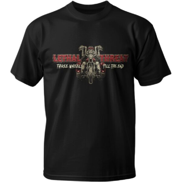 Lethal Threat On Three Wheels Black T-Shirt - Image 2